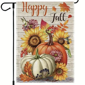 Happy fall garden flag, pumpkins sunflowers leaves